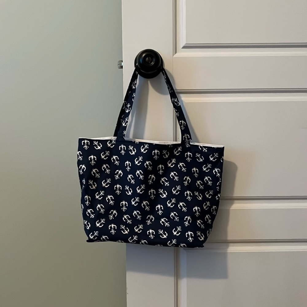 Handmade V Morphis Bag- Navy Blue, White Anchors